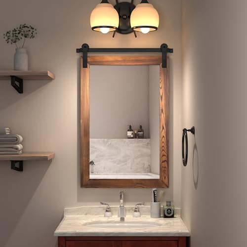 Image of COGOOD Bathroom Mirrors for Over Sink - 22 x 30 Farmhouse Barn Door Wall Mirror for Bathroom, Living Room, Entryway Wall Decor Brown