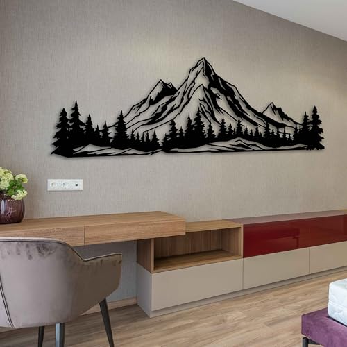 Wanddekoration aus Metall mit Bergen und Bäumen, Kiefernbäume und Hügel, große Bergszene über dem Wald, Metallwandskulptur