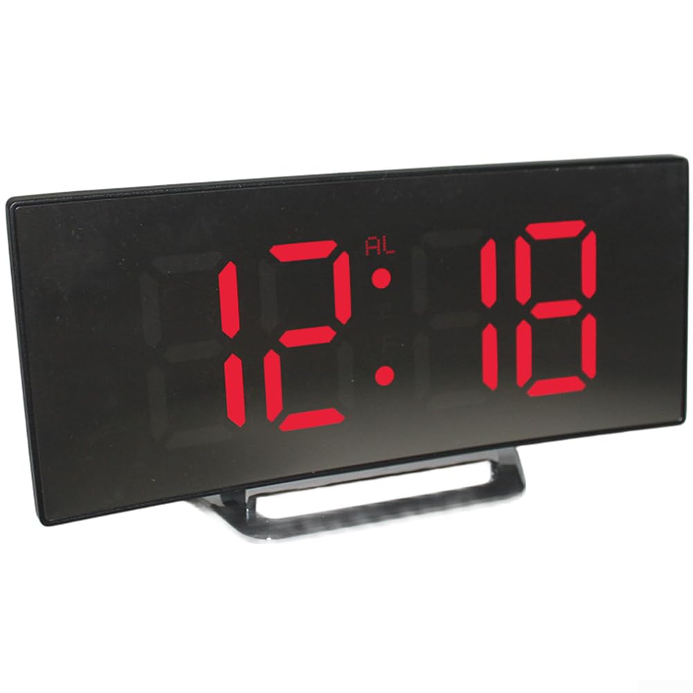 Digital Alarm Clock, Curved Screen LED Mirror Clock, Large Display Silent Electronic Clock for Bedroom Bedside Table Desk(Red)