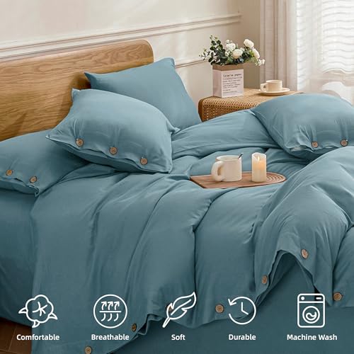 Image of JELLYMONI Cotton Duvet Cover Queen Size - Grayish Blue Comforter Cover with Button 100% Washed Cotton 3PCS Breathable Soft Solid Bedding Set Duvet Cover 90x90in & 2 Pillowcases (NO Comforter)