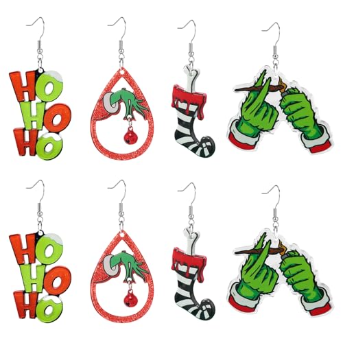 PIujsym Grinch Weihnachtsohrringe Damen - 4 Paar Grinch Deko Ohrringe Set, Lustige Weihnachtsschmuck für Frauen zur Weihnachtsfeier und Party