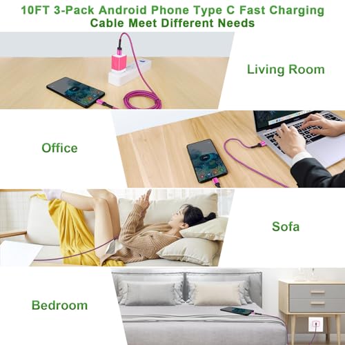Type C Fast Charging Cable 3-Pack 10FT USB C to USB A Android Phone Charger Cord for Google Pixel 8 Pro 7a 6a 5,iPhone 15,Samsung Galaxy A14 5G/A54/A05S/S23 FE/A23/A13/Z Fold 5/A24/A53/S21 FE/A03S/S22 - Thumbnail 7