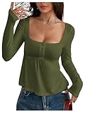 SOLY HUX Women's Babydoll Tops Long Sleeve Henley Shirts Cute Square Neck Coquette Peplum Top Army Green Medium