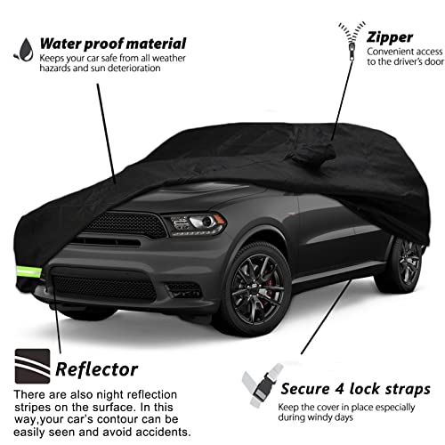 Image of Waterproof Car Cover for 2011-2026 Dodge Durango Car Cover 190T Covers Custom Fit 100% Waterproof Windproof Strap & Double Door Zipper Up to 203 inch L (Black-for Dodge Durango)