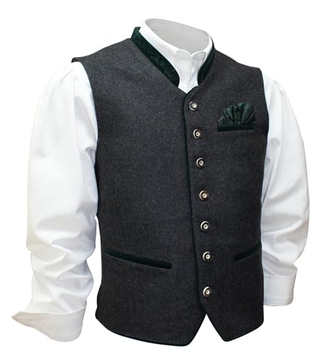 Weste Trachtenweste Loden Trachten Gilet Lodengilet Lodenweste edel Trachtengilet ärmellos Tracht anthrazit dunkelgrau Brokat Stecktuch Fest Musik Anlass Hochzeit Größe:50 Farbe:grün