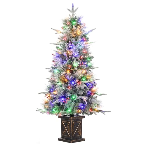GAOMON 4.5ft Christmas Tree with 100 Multicolor Led Lights, Pre-Lit Snow Flocked Christmas Tree with X Shape Potted Base, Holiday Xmas Tree with Red Berries, Festival Decoration for Home, Entrances