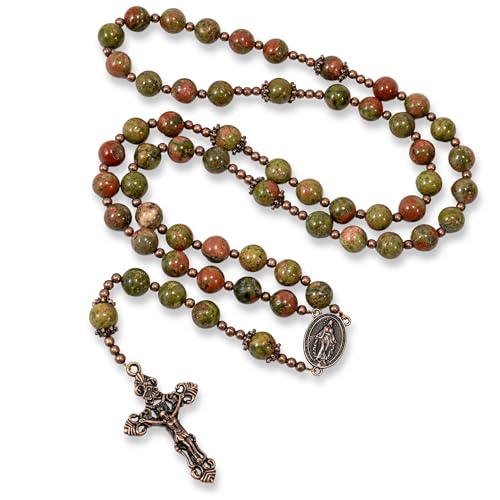 Unakite Stone Beads Rosary, Catholic Rosary Necklace with Metal Caps, Miraculous Medal and Jesus Crucifix, Handmade Strong Rosary Cross Necklace, Catholic Gifts for Men and Women