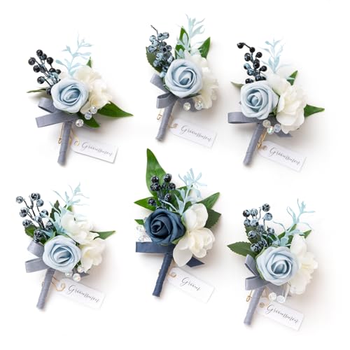 Ling's Moment Boutonniere for Men, 6pcs Groom Groomsmen Boutonniere, Artificial