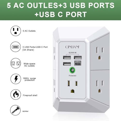 Wall Charger, Surge Protector, QINLIANF 5 Outlet Extender with 4 USB Charging Ports, 3-Sided 1680J Power Strip Multi Plug Adapter Spaced for Home Travel Office - Image 2