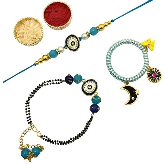 Alaukik Handmade Evil Eye Couple Rakhi with Girls Baby Designer Bracelet Protect From Negative Energy With Beads Rakhi for Brother/Sister set of 3 with Roli and Chawal (B0CBRJGYR9) Amazon Price History, Amazon Price Tracker