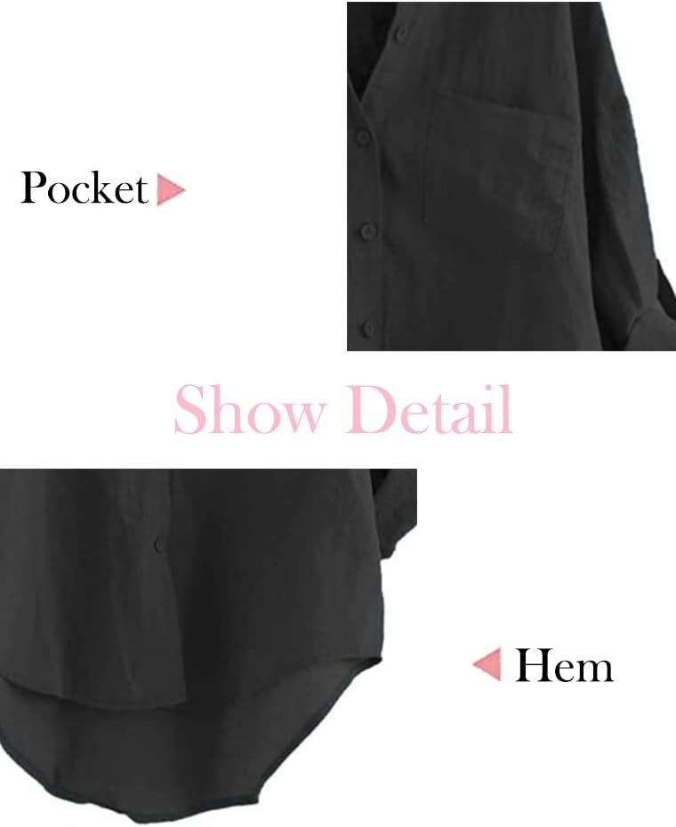 Minibee Women's Linen Blouse High Low Shirt Roll-Up Sleeve Tops - Image 4