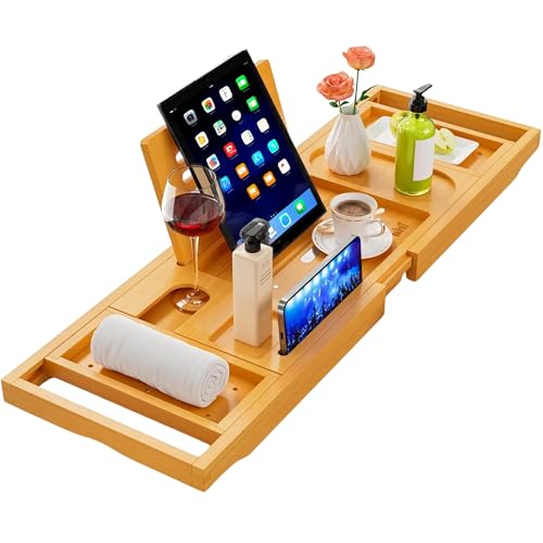 Bath Tray, Foldable Luxury Bamboo Bathtub Caddy, Adjustable Bath Board with Book Rest, Phone, Tablet, Candle, Towel, Wine Glass Holder, Extendable Wooden Tray Bath-Shelf Fits Most Bathtub Sizes
