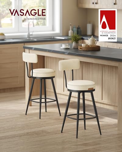 Image of VASAGLE EKHO Collection - Bar Stools Set of 2, Swivel Counter Height Bar Stools, Synthetic Leather with Stitching, Mid-Century Modern, 25.6-Inch Tall Barstools for Kitchen, Cream White ULBC089W01