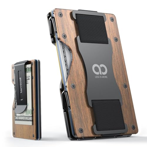 Image of Lamicall Minimalist Metal Wallet for Men - [Mechanical Hinges] | [15-20 Cards] Capacity Slim Wallets, Credit Card Holder, Money Clip & Cash Strap, RFID, Gifts for Men Dad, Metal Wooden Brown