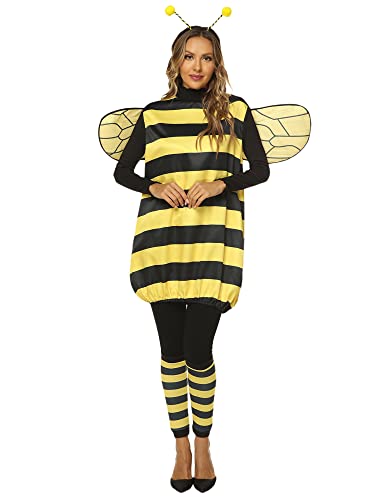 Springcmy Women Kid Halloween Costume Cosplay Set Bee Dress with Wings Headband Leg Sleeves Party Cosplay Fancy Dress (Mom