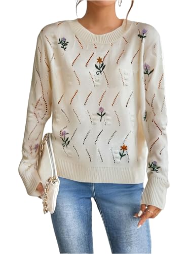 GORGLITTER Women's Embroidered Sweaters Floral Lightweight Long Sleeve Crochet Knit Cute Fall Sweater 2025