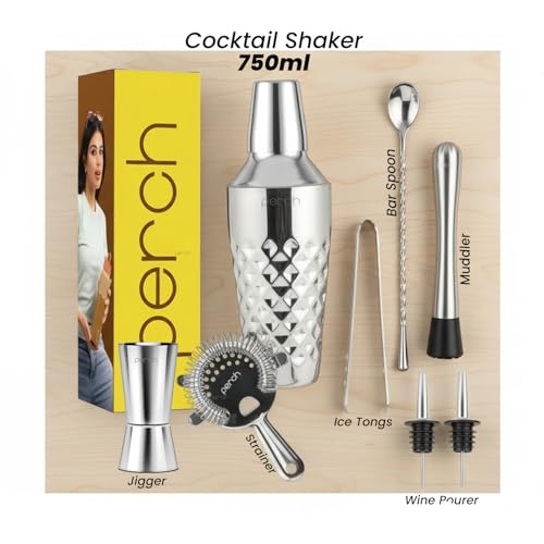 Image of O' Holic by Perch Craft 8-Piece Stainless Steel Bartender Kit|Premium Cocktail Shaker Set with Jigger 30 /60ml, Spoon,Pourer,Ice Tong, & Bar Tools|Professional Bar Set for Home &Tour Parties|Silver