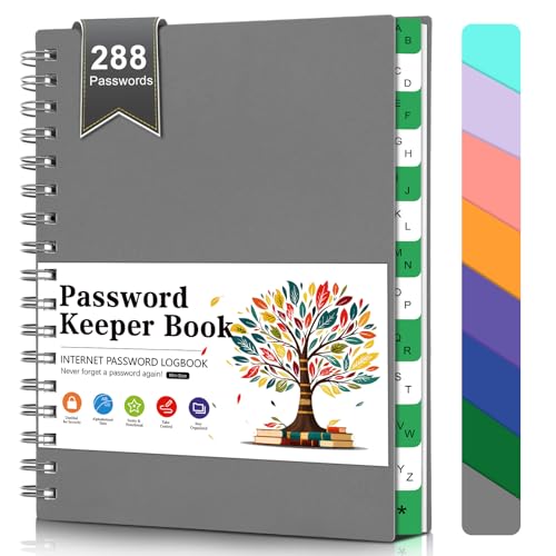 BLESWIN Passwortbuch mit Alphabetischen Registerkarten, A6 Größe Passwort Buch Spiral - Internet Passwort Logbuch für Computer & Website Logins - Kleines Passwort Journal für Männer Frauen (Grau)