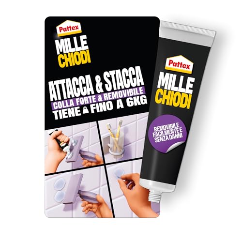 Pattex Millechiodi Attacca & Stacca, Adesivo di Montaggio, Colla Forte Attacca Tutto per Mensole, Scaffali e Appendiabiti a Parete, Adesivo Forte Facilmente Rimovibile, 1 Tubo da 44 g