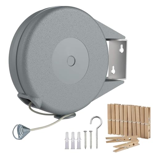 Image of HASTHIP Retractable Clothesline - 30lbs Portable Heavy Duty Indoor and Outdoor Washing Line, 39 Feet PVC Retracting Clothes Line with Wooden Clamp, Wire Clothesline Outdoor Clothesline (Grey)
