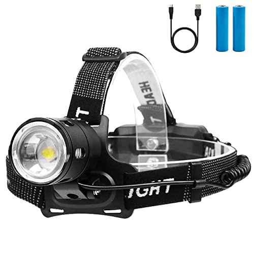 YVKVO Lampe Frontale LED Ultra Puissante 10000 Lumens Rechargeable USB Lampe Frontale LED 3 Modes Étanche Zoomable Frontale LED pour Camping, Pêche, Cyclisme, 2 Piles Incluses