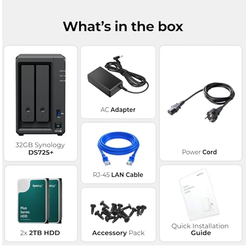 Synology DS725+ 2-Bay, 32 GB RAM, AMD Ryzen R1600, wstępnie skonfigurowany z 4 TB (2 x 2 TB HDD), 512 GB pamięci podręcznej (2 x 256 GB NVMe) + bezpłatny zewnętrzny dysk kopii zapasowej SSD 1st Wave