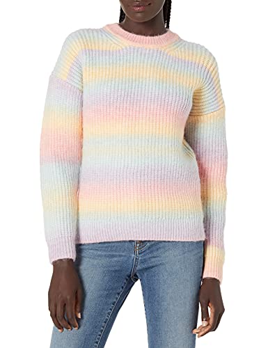 Image of Cable Stitch Women's Ombre Space-Dyed Crewneck Sweater - Long Sleeve Color Block Rainbow Striped Pullover Top
