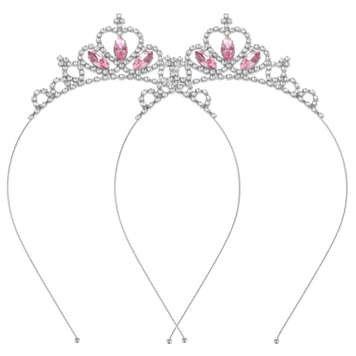 2PCS Crystal Tiara Heart Rhinestone Princess Crown Birthday Headpiece Cute Bling Hair Band Party Decorations Headband Accessories for Women Girls Kids Festival Wedding Bridal Christmas