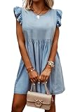 chouyatou Women's Denim Ruffle Flutter Sleeve Mini Dress Y2k Swing Baydoll Tunic Short Jean Dress (Small, Light Blue)