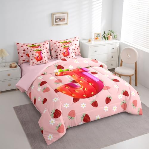 Image of Feelyou Cute Girls Strawberry Comforter Set Full Size 7 Pieces Pink Red Princess Strawberry Bedding Set Kids Initial Letter J Bed in a Bag with Comforter, Sheets, Pillowcases, Cushion Covers