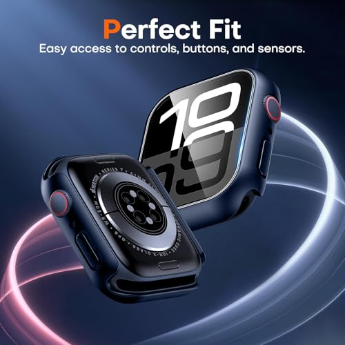 Image of VEMIGON Hard PC Case Compatible with Apple Watch Series 11 /10 42mm with Tempered Glass Full Screen Protector, Full Coverage, Touch Sensitive, Ultra-Thin HD Bumper Protective Cover for iWatch-Dark Blue