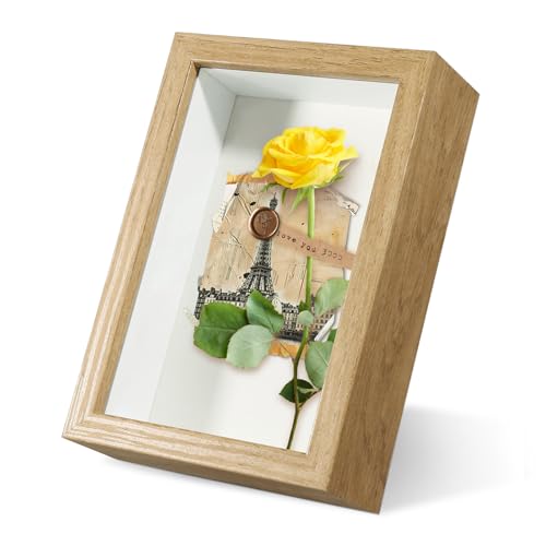 4x6 Small Shadow Box Frame Display Case with Real Glass for Memorabilia,Wedding Memories,Pins,Awards,Crafts,Tickets and Photos(Oak Color,Rjgyxq)