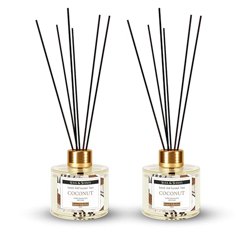Image of Soul & Scents Coconut Reed Diffuser Set - 120ml with Free 6 Fiber Reed Sticks Each | Toxin Free & Stress Relief | Long Lasting | Smoke Less Room Freshener for Home, Bedroom & Office | Pack of 2