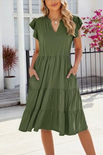 Image of Womens Summer Dress Ruffle Sleeve V Neck Midi Dresses Casual Fit Flowy Tiered Boho Beach Vacation Sundress