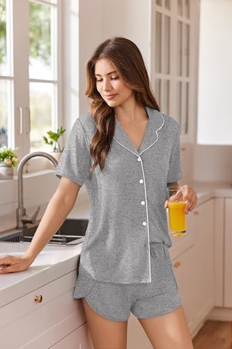 Image of Ekouaer Pajamas for Women Set Button Up Sleepwear 2 Piece Pjs Lounge Set Short Sleeve Nightwear