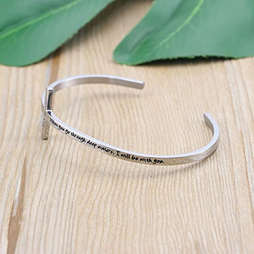 Cross Bracelet Religious Cuff Bangle Bible Verse Jewelry Gift For Women Engraved When You Go Through Deep Waters I Will Be With You #TOP2