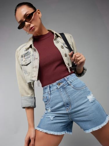 Image of Miss Chase Women's Relaxed Mid Rise Regular Non Stretchable Denim Shorts