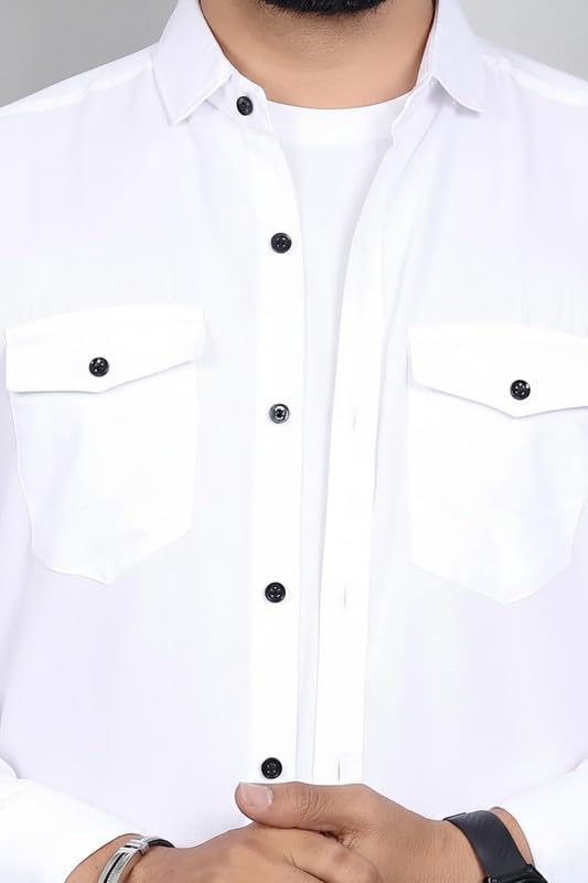 Image of DEELMO Men Solid Slim Fit Casual Overshirt Style Shirt | Full Sleeve Button-Down Layering Shirt Smart Casual Look