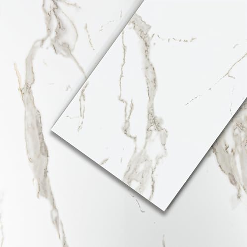 Mulgreat - PVC Bodenbelag - Selbstklebende Vinyl-Fliesen - Vinylboden - Betoneffekt - Marmor weiß - 60,96 cm x 30,48 cm x 1,5 mm - Dicke 1,5 mm - 2.23m² / 12 Fliesen