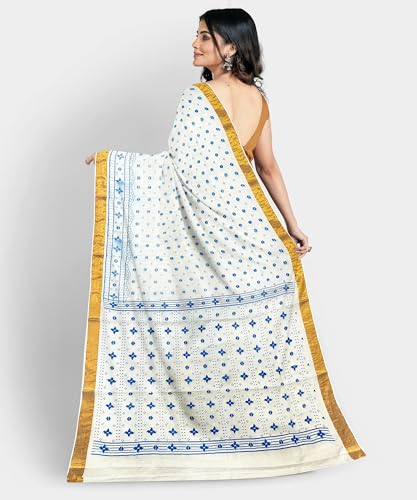 Image of eC ESHA'S COLLECTION Women's Kerala Cotton Floral Motif Printed Zari Bordered Tant Saree Without Blouse Piece
