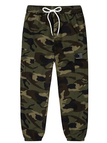 SANGTREE Girls Cargo Pants, Floral Elastic Waist Drawstring Loose Tapered Multi Pockets Cargo Jogger Pants for Girl, Camouflage, 9-10 Years Toddler = Tag 150