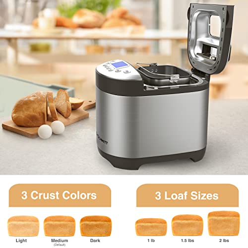 Pohl Schmitt Stainless Steel Bread Machine Bread Maker, 2LB 17-in-1, 14 Settings Incl Gluten Free & Fruit, Nut Dispenser, Nonstick Pan, 3 Loaf Sizes 3 Crust Colors, Keep Warm, and Recipes