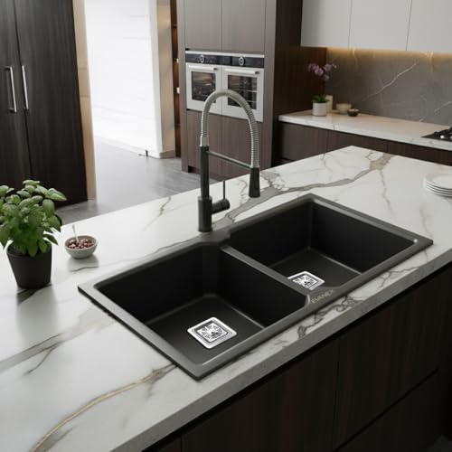 Image of EVANEX Quartz Sink for Kitchen | Double Bowl | Topmount /Undermount Kitchen Sinks | Black Double Sink with Connector, Waste Pipe, Coupling and Drain Basket | 37x18x9 Granite Kitchen Sinks
