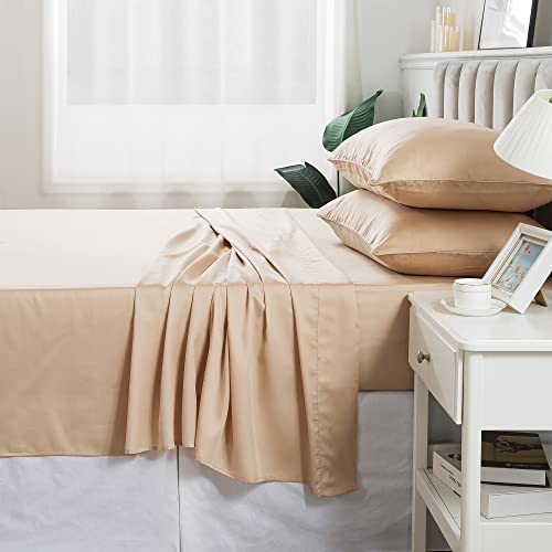 Fadfay Silky Bed Sheets Set Queen Size Champagne Gold Sheet Luxury Lyocell Tencel 600 Tc Unsex Soft Satin Deep Pocket Fitted Sheet 17.5'' 4 Pcs Champagne, Queen #TOP7
