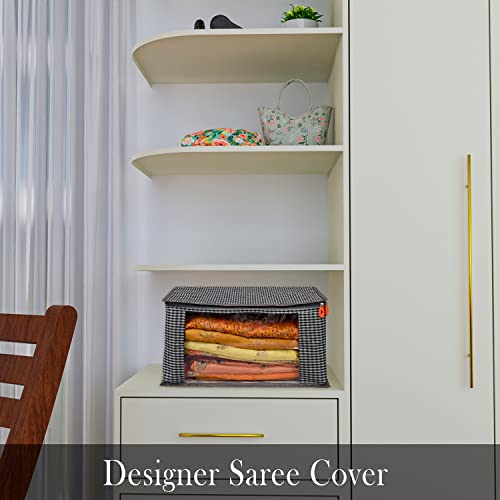 Image of Kuber Industries Saree Cover|Rexine Foldable Matty Check Design|Transparent Window Wardrobe Organizer with Plastic Slider Zip|Extra Large (Gray)