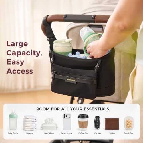 Momcozy Universal Stroller Organizer, Slim Stroller Caddy with 2 Insulated Cup Holders, Non-Slip Silicone Straps, Detachable Mini Pouch, Dense-Weave Parent Console for UPPAbaby, Doona, Graco & More
