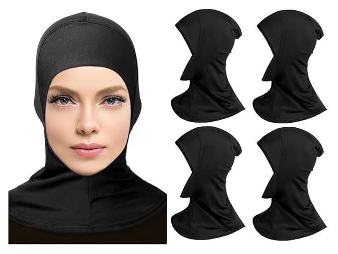 BISMAADH 4 Pieces Modal Hijab Cap Adjustable Stretchy Turban Full Neck Cover Shawl Cap Full Neck Coverage for Lady