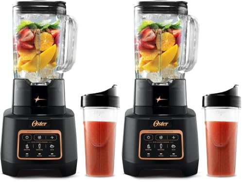 Image of Oster Extreme Mix Blender, 64oz Glass Jar, 3 iBlend Preset Functions, 1600-Watts, 10-Point Blade Stack with Titanium Coating & 24oz Blend-N-Go Cup (Pack of 2)