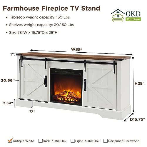 OKD Farmhouse Electric TV Stand for 65+ Inch TV, Rustic Entertainment Center with 18" Fireplace, Sliding Barn Door, Storage Shelves, Wood Media Console Cabinet for Living Room, Antique White - Image 8
