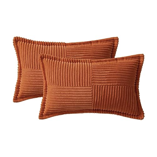 Image of MIULEE Fall Rust Decorative Lumbar Throw Pillow Covers for Couch Bed Livingroom 12x20 Inch Set of 2 Boho Accent Throw Pllows Broadside Striped Patchwork Soft Corduroy Pillowcases, Terracotta